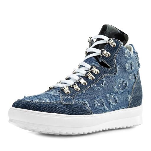 High-top elevator sneakers featuring unique upper made of two different types of jeans with stars decorating the rips and tongue in blue patent leather. The white sole is made of super light natural rubber.https://www.guidomaggi.com
/us/denim.html

High-top elevator sneakers featuring unique upper made of two different types of jeans with stars decorating the rips and tongue in blue patent leather. The white sole is made of super light natural rubber.