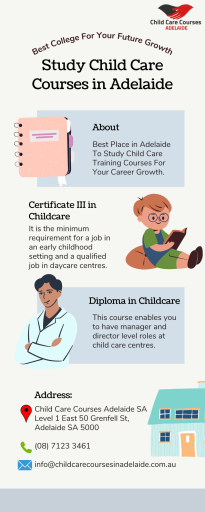 You can enrol in child care short courses at one of the best vocational training institutes in Adelaide. In our early childhood courses, you will learn how to care for a child and fulfil its educational and physical requirements. For more info, visit:- https://www.childcarecoursesinadelaide.com.au/