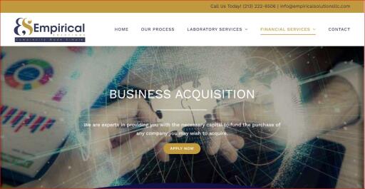 Business acquisition financing usa - We will help you acquire companies with customized solutions tailored to you. Access to Expert Advice, Low Interest rates, Easy Installments and 24 hours helpline.

Empirical Solutions offers world-class solutions to meet the need of every cannabis laboratory. We bring professionalism to your fingertips by providing you with the latest and most groundbreaking methodologies the scientific industry has to offer within the realm of cannabis.

#empiricalsolutionsllc #Heavymetaltesting #Potencytesting #Residualsolvents #Mycotoxinstesting #Molecularspectroscopy #Liquidchromatographymassspectrometry #Pesticidestesting #homogeneitytest #terpeneextraction #residualsolventtesting #mycotoxinsmold

Read More:- https://www.empiricalsolutionsllc.com/financial-service/financing/business-acquisition/