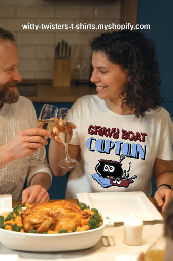 A Gravy Boat is a boat-shaped pitcher for serving gravies and sauces at dinner. Of course, every boat needs its captain and if you're the host with the most roast, then wear this funny food t-shirt and be the captain of your own boat, that's filled with gravy. A great gift for college students that pour gravy over everything, especially fries.

Buy this funny food t-shirt for good gravy lovers here:

https://witty-twisters-t-shirts.myshopify.com/products/gravy-boat-captain-1