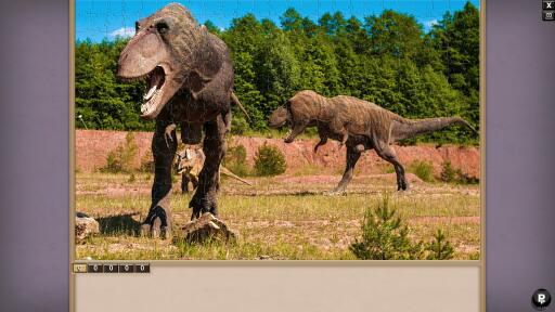 Deux tyrannosaurus et un  triceratops.
Image originale : https://pixabay.com/fr/photos/dinosaure-bon-sang-mammif%C3%A8re-958017/