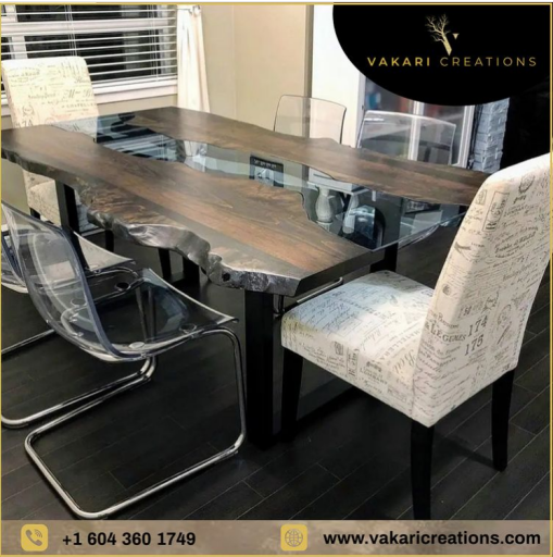 The Maple Wood Live Edge Glass River Table Whether you want to add a touch of elegance to your dining room or seek a statement piece for your office, this table is a timeless choice that complements any decor style. Please visit our website and contact us at: 604.360.1749