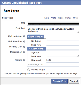 Add Call to Action Buttons on Facebook Post