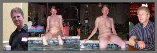 Andrew nude sitting by the pool fully shaved and totally exposed. showing clothed then naked photos.