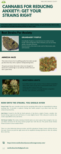 It has been widely known that marijuana can relieve anxiety. This primarily happens due to the concentration of the two active ingredients in cannabis i.e., THC and CBD. For the most effective treatment, it is crucial that you pick the right strain. To know the right strain for you consult medical marijuana doctors orange county ca.

Strains such as Grandaddy Purple, Amnesia Haze and northern lights are the best strains whose overall effect is useful for treating obsessive-compulsive disorder, pain, insomnia, and headache.