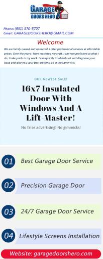 Look no further than Garage Doors Hero for best garage door service by specialized technicians. Our services include installation (new garage door, garage door opener, motors, springs, key pads), repair (garage door openers, broken springs, cables/doors off track, damaged panels, remotes/key pads), maintenance (annual door maintenance, safety inspection, lube and tune), lifestyle screen doors (fully retractable, spring loades system that works in conjunction with your existing garage door). For more details please visit: https://garagedoorshero.com/