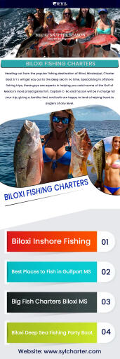 Is fishing your profession? Are you looking for Biloxi fishing charters MS to make maximum profits? Then SYL Charters can be the ultimate solution for you. Specializing in offshore fishing trips, the experts at SYL Charters canhelp you catch some of the Gulf of Mexico’s most prized game fish. For more details, please visit :- https://www.sylcharter.com/