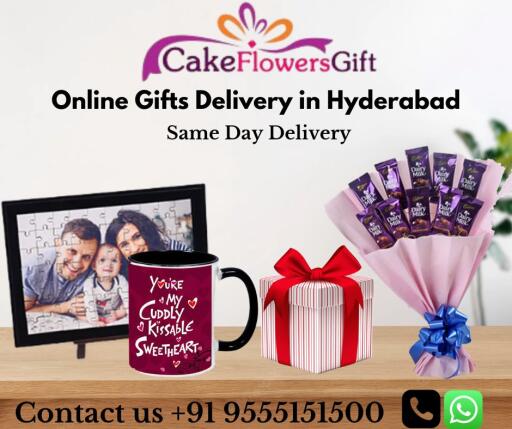Online Gifts Delivery in Hyderabad- cakeflowersgift.com is one of the best Gift delivery service providers in Hyderabad city. We provide same-day Gifts delivery in Hyderabad, Send Gifts to Hyderabad, and Midnight Gift Delivery in Hyderabad. We deliver Gifts with a smile to Bangalore, Delhi, and Mumbai. Book your Cake, Flower, & Gifts order today! contact us +91 9555151500