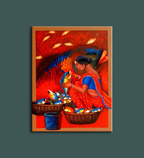 Fish Seller Paintings, Acrylic On Canvas, by S K Nurali Size(Inch): 36 W x 47 H, Size(cm): 91.4 W x 119.4 H. To see the original painting visit here: https://dirums.com/artworks/paintings-for-sale