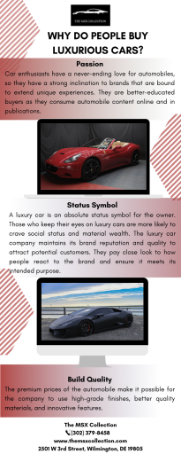 Luxury cars are the dream of many Americans. They are symbols of success, prestige, and power. They cost a lot of money, but some people will pay for the comfort and convenience of a luxury vehicle. Are you geared to dive into exotic cars in Delaware? Check out the cars at "The MSX Collection".

For More Info:- https://www.themsxcollection.com/