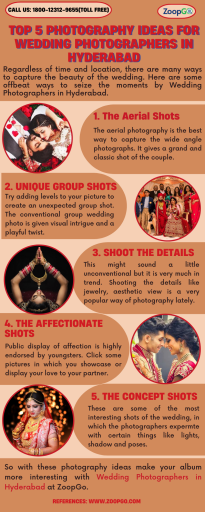 Regardless of time and location, there are many ways to capture the beauty of the wedding. Here are some offbeat ways to seize the moments by Wedding Photographers in Hyderabad. So with these photography ideas make your album more interesting with Wedding Photographers in Hyderabad at ZoopGo. Visit here:
https://www.zoopgo.com/hyderabad-wedding-photographer