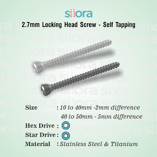 2.7mm Locking Head Screw - Self Tapping is an orthopedic implant that is used for the stabilization of broken bone fragments. These screws are made to have a threaded head along with the shaft and hence, can provide good angular stability. Siora Surgicals Pvt. Ltd. is an experienced trauma implant manufacturer in India with over 30 years in the industry. The company also provides OEM services around the world. 
https://www.siiora.org/product/2-7-mm-locking-head-screw-star-drive/
