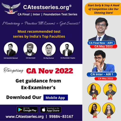 Targeting CA Nov 2022 — Attempt CA mock test series papers to identify mistakes & Score well.

*CA Test Series is incredibly* improving the student's results in CA Exams:

  Chapterwise & Full Test as per *ICAI Pattern* — 45-55% case study based ca inter questions.
  *Unseen application* based Lengthy Questions — Best Quality ca inter Test Papers.
  Notes + Doubt Solving + Mentoring + Guidance Videos Till Exams
  4 times *AIR 1* & 550+ Rank holders — Results speak the quality of mentors & ca inter test papers.

Visit here for more info about Best CA Test Series Nov 2022: https://www.catestseries.org/