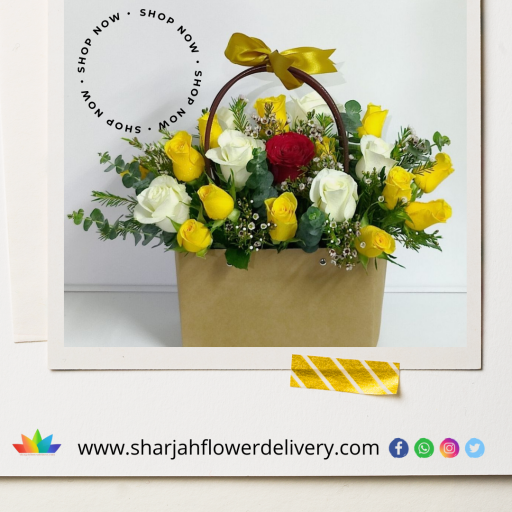 Roses Arranged in a Gift Bag 
12 Yellow Roses, 5 White Roses, 1 Red Rose
Free Delivery in Sharjah from 10 AM to 6 PM
https://sharjahflowerdelivery.com/product/smile-and-share/