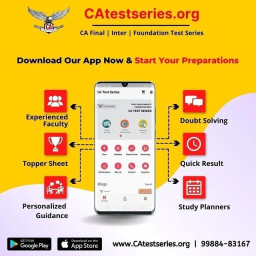 CA Test Series app is the best app for practicing for CA exams MCQ.

Have a look over the features this app provides!

-It provides free live MCQ test series with a detailed evaluation report.
-It has all important previous year ca exams questions and case study-based MCQ questions.
-Topic-wise and year-wise free live test series.
-Information about ca exams-related queries.
-Progress chart, question levels analysis, evaluation report, personalized feedback.
-And also, this is free without any subscription. Below I captioned some screenshots; please have a look!
Download our app & attempt ca free test series!

India's Best Mobile App for CA Mock Test Series

AIR 1,2,3,7,8 in Top 10 from CAtestseries.org

Download Our CA Test Series App Now For Free MCQ CA Test Series: https://onelink.to/82b536