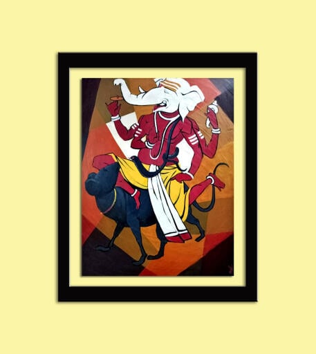 Lord Shri Ganesh is shown riding his mooshak Painting, Acrylic on Board, made by Anil Kumar. With a touch of geometric design,! Acrylic art. To see the original painting visit here: https://dirums.com/artwork-details/lord-ganesha-2542