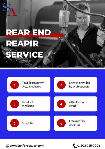 Rear end Repair is keeping your vehicle in top condition. It covers everything from basic maintenance to more complex repairs and provides detailed instructions on diagnosing and fixing common problems. It also includes helpful tips on saving money on repairs and choosing the right parts for your vehicle. Start repairing your vehicle today with Sanford's Automotive Service.

visit our website at https://www.sanfordsauto.com/auto-services/rear-end-repair/