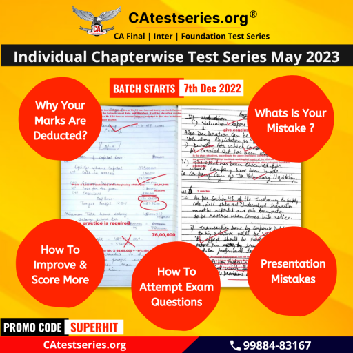 ICAI CA Final Test Series - Online Best ICAI CA Test Series For Final Exams May 2023

Looking for Online Best CA Final Test Series For May 2023 ??

Try ICAI CA Final Test Series – Trusted Online Test Series - AIR 2,3, 7,8 in Top 10.

All-time high pass percentage on CAtestseries.org & still counting.

Delivering remarkable results, reliability, & Experience CA Final Inter Foundation Test Series May 2023!

Grab Mega Discount Code – SUPERHIT

Register to Attempt the free ICAI CA Final Test Series May 2023!!

Click Here To Register: https://www.catestseries.org/register.php
