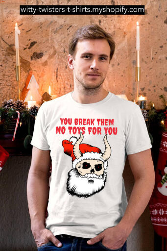 The Soup Nazi is strict while placing an order, but his soups are so delicious that the place is constantly busy. On this funny Krampus Christmas t-shirt, it's the Santa Nazi that rules the gifts on the holidays. If you want the Christmas season to run smoothly with the family, you may have to wear this funny Santa t-shirt and take toy control.

Buy this funny Santa Nazi Christmas holiday season t-shirt here:

https://witty-twisters-t-shirts.myshopify.com/products/you-break-them-no-toys-for-you