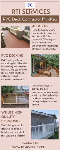 If you're looking to build a deck, you've come to the right place. RTI Services , LLC is your go-to PVC Deck Contractor Mukilteo  - RTI Services , LLC . We offer a wide variety of services to help you get your deck built from start to finish.
https://rtiservicesllc.com/