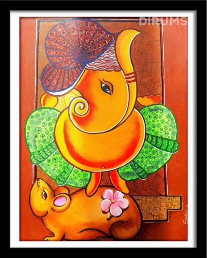 This Painting Lord Ganesh with Mouse, Handmade Painting Acrylic On Canvas by Santanu Das. Size(Inch): 24 W x 18 H, Size(cm): 61.0 W x 45.7 H. To see the original painting visit here: https://dirums.com/artwork-details/lord-ganesh-828