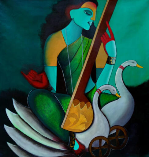 Or is the painting on Maa Saraswati wall art who is playing without Who is worshiped in India as the goddess of knowledge all over the world. Their name is also without water. Mother Saraswati, who does not want the whole world to be in the tune of her without playing it while sitting on the chariot of a white swan.
To see the original painting visit here:  https://dirums.com/artwork-details/music-band-2636