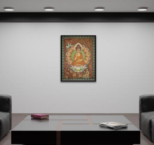 “Buddha and Sujata ” painting is an Acrylic on canvas art by Pritam Sarkar, on portrait orientation with dimensions of 36” X 48” (91.44 cm X 121.92 cm). This painting is a devotional painting of Lord Buddha Painting and Sujata. Sujata is said to have offered porridge in a golden dish to Lord Buddha while he was meditating beneath the banyan tree. He had enough energy from this porridge to practice meditation and become enlightened. This painting captures this scene when Sujata offers pudding to Buddha.
To see the original painting visit -  https://dirums.com/artwork-details/buddha-sujata-2088