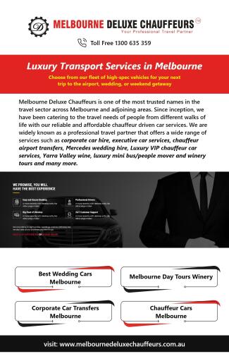 We provide you top luxurious corporate car transfers in Melbourne. We work hard to meet all your expectation on restated to fast pick up with, a comfortable safe drive. For more information visit us at: https://www.melbournedeluxechauffeurs.com.au/