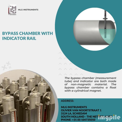 The bypass chamber with indicator rail (measurement tube) and indicator are both made of non-magnetic material. The bypass chamber contains a float with a cylindrical magnet. Magnetic level gauges work by the principle of communicating vessels: the level in the bypass chamber is therefore equal to the level in the tank. https://mlg-instruments.com/operation-application/