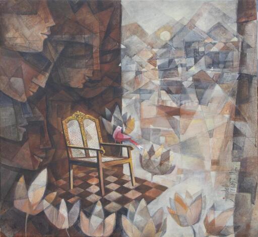 A beige-shaded multi-layered painting that illustrates the visuals created by reflection. This artwork shows a geometrical structure made out of overlapping shadows that has color transparency amongst the acrylic painting. The artist got the inspiration for this painting while gazing over a chair, on a late-night one day that gave him the idea of creating such a unique type of artwork. The overlapping shadows of the legs of the chair create a different type of geometrical shape that also limns the colors through imagination which is not seen in the solid colors normally. There are multiple shades layered over one another that creates a  mystic overview at the end.
To see the original paintings visit - https://dirums.com/artworks