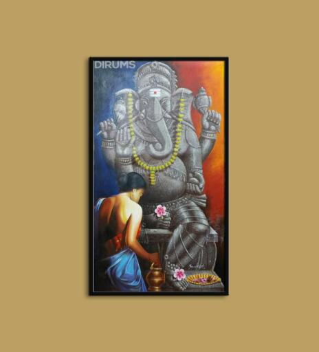 Handmade original Ganpati paintings curated with love only for you. WORSHIP TO LORD GANESHA by GOPAL MAJHI has dimensions 26.0" 46.0" Portrait. It is a painting that would adorn your wall. And create a long-lasting impression on the onlooker. The different hues used in the Ganesha paintings depicts different mood the red refers to strength, excitement, love, and power, and green is for harmony, peace and security at the same time yellow is associated with sunshine and happiness. It is believed that every room has its own aura and energy hence, we are here to help you choose the best one for your room depending on the color and mood of your room.

To see the original painting visit - https://dirums.com/artworks/religious-devotional-paintings-artworks/ganesh-painting-art-collection