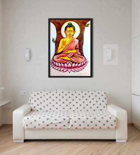 For centuries, Lord Buddha Paintings have been considered as a symbol of bliss, prosperity, and wealth. It encourages people to strive for a sense of peace and enlightenment, just the way the Lord had done himself. We can see some elements of nature like the lotus in the painting. He is often portrayed sitting on a lotus as it symbolizes the one who overcomes pain and emotions. The one who has been pure and has passed buoyed the worldly pleasures. Lotus is considered to be a symbol of purity so the one sitting on it needs to be physically as well as mentally pure. The basic lotus flower symbolism is purity, enlightenment, sanity, and rebirth. This painting gives us a deeper connection to Indian culture and its beliefs.
To see the original painting visit - https://dirums.com/artwork-details/buddha-1913