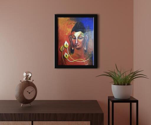 “Skinny Buddha Painting” is an acrylic on canvas-based creation of Leena Rao. In portrait orientation with dimensions 10" X 14"(25.40cm X 35.56cm) is a contemporary figurative art with a devotional aspect to it. When Gautam Buddha first left his kingdom in search of enlightenment, he was known as the "Skinny Buddha Painting." In addition to seeking out masters, he subjected his body to rigorous, protracted fasts as a form of asceticism. It was thought that elevating the intellect via physical punishment and that the gateway to wisdom may be reached at the brink of death. But after six years of this, the prince felt nothing but annoyance. He eventually understood that mental discipline was the key to finding tranquility. He practiced meditation at Bodh Gaya, in the contemporary Indian state of Bihar, until he "awakened," or realized enlightenment. Buddha Paintings are also a symbol of innocence and bliss. Paintings of Lord Buddha are also considered a shield against sorrow and negative energy.	

To see the original painting visit - https://dirums.com/artwork-details/skinny-buddha-1923