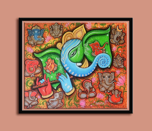 Art By: “13 form of Ganesha” is an acrylic on canvas-based creation by Rahul Gupta. The Hindu god Ganesha's 32 different incarnations are commonly addressed in religious books. The first to list them is the Mudgala Purana, a text with a strong Ganesha Painting focus. Ganesha appears in this picture in 13 different incarnations. The painter employs vivid colors and a beautiful background in his picture to draw the onlooker's attention. Since Lord Ganesha is revered in many Indian homes before starting any new work, it is because he is said to clear the way through all difficulties and deliver success. This work of art depicts Lord Ganesha in all of his incarnations. In landscape orientation with dimensions of 24" X 28"(60.96cm X 71.12cm) Theme suitable for: The Vaastu Shastra states that the direction best suitable for the temple or pooja chamber is either east or north. If neither of those options is feasible, we can alternatively employ the west direction. Subjects: Devotional painting/ Lord Ganesha Painting Materials: Canvas Mediums: Acrylic Size: 24" X 28"(60.96cm X 71.12cm). Theme: Devotion Space: drawing room, bedroom, and office.

To see the original painting visit - https://dirums.com/artwork-details/13-forms-of-ganesha-handpainted-ganesha-painting-wall-art-2155