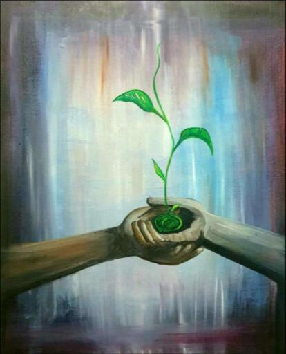 Modern Painting of Two Hands Holding Sapling Firmly Painting Acrylic On Canvas Size(Inch): 16 W x 20 H x 16 D by Shriti Agarwal. A vivid acrylic artwork portraying two hands holding a sapling firmly. The painting significantly personifies the conservation of plants and the environment. People need to unite and stand beside to save trees from deforestation. The shimmery shades add up a more ecstatic effect that conveys how much these green lives matter to us by directly contributing to the environment and our health. Concerning the green world is connected to a step we take towards our healthy lifestyle and this piece of art spreads awareness pretty proficiently about it. 
To see the original paintings visit - https://dirums.com/artworks
