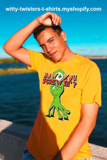 Joey on Friends used to say How you doin'?, but on this funny alien sex life scientific t-shirt an alien is asked How You Screwin'? This funny scientific t-shirt makes a perfect gift for Astrobiology scientists or students that study extraterrestrial life and might just wonder how they procreate.

Buy this funny alien science or science-fiction t-shirt here:

https://witty-twisters-t-shirts.myshopify.com/products/how-you-screwin