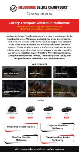 Melbourne deluxe chauffeur offers the best chauffeur van hire in Melbourne. You can get in touch with them if you are looking for a comfortable and luxury ride from airport to the city. For more information visit us at: https://www.melbournedeluxechauffeurs.com.au/