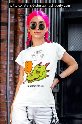 The fairy-tale song Puff the Magic Dragon's song lyrics are based on a poem. On this funny stoner t-shirt, it's Puff Puff and this dragon smokes weed. Wear this song parody t-shirt for stoners and puff, puff, pass. Also a great gift for college students that are taking ancient history classes.

Buy this funny pot-smoking dragon t-shirt for stoners here:

https://witty-twisters-t-shirts.myshopify.com/products/puff-puff-the-magic-dragon
