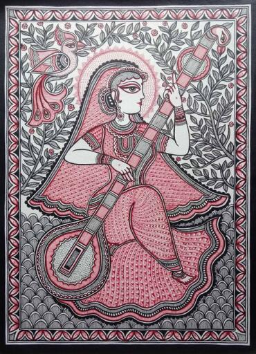 Veena Vadini painting is an Acrylic on canvas by Akash Kumar. on portrait orientation with dimensions 19 ”X 27” (48.26 cmX 68.58cm). This art is a traditional painting in the form of  Madhubani art. Madhubani painting is a traditional painting from the Madhubani district, of Bihar. Madhubani paintings are popular for its intrinsic design and geometric pattern. In this painting we can see a lady playing veena. Hence the painting is named as Veena Vadini.
To see the original paintings visit - https://dirums.com/artworks/madhubani-paintings