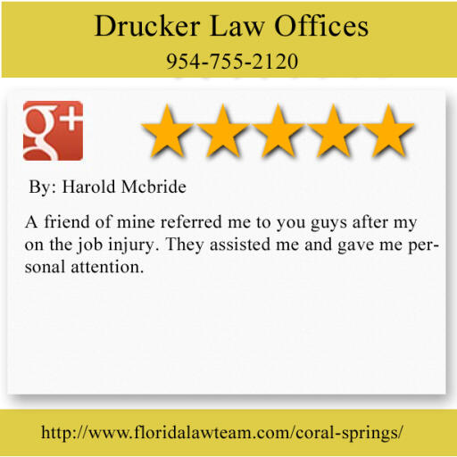 Drucker Law Offices
5421 N. University Drive #102A 
Coral Springs, Florida 33067
(954) 755-2120

http://www.floridalawteam.com/coral-springs/