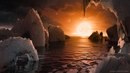 If you could stand on the surface of the newly discovered Earth-sized exoplanet TRAPPIST-1f, what would you see? Presently, no Earthling knows for sure, but the featured illustration depicts a reasoned guess based on observational data taken by NASA's Sun-orbiting Spitzer Space Telescope. In 2017, four more Earth-sized planets were found by Spitzer, including TRAPPIST-1f, in addition to three discovered in 2015 from the ground. From the planet's surface, near the mild terminator between night and day, you might see water, ice, and rock on the ground, while water-based clouds might hover above. Past the clouds, the small central star TRAPPIST-1 would appear more red than our Sun, but angularly larger due to the close orbit. With seven known Earth-sized planets -- many of which pass near each other -- the TRAPPIST-1 system is not only a candidate to have life, but intercommunicating life -- although a preliminary search has found no obvious transmissions. Illustration Credit: NASA, JPL-Caltech, Spitzer Team, T. Pyle (IPAC)