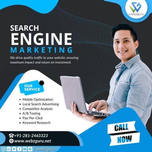 Drive your business to the top of search results with WebzGuru's Search Engine Marketing! Our expert team specializes in PPC and SEO strategies to ensure your brand shines online. Let's elevate your visibility and boost your success!
Email: info@webzguru.net
Call: +91-281-2463323
#SEMStrategies #SearchEngineMagic #PPCProficiency #SEOExcellence #DigitalVisibility #SearchEngineSuccess #WebzGuruSEM #DigitalMarketingMastery #SEMExperts #SearchEngineOptimization #DigitalAdsMagic #webzguru