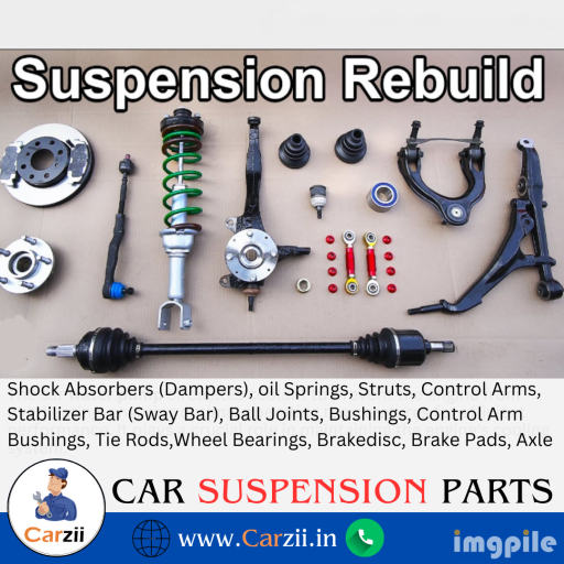 Car Suspension Main Parts and Their Function Explained in Hindi/English Carzii
Here's a concise description of each car suspension part:
Shock Absorbers (Dampers): Controls spring movement, absorbs bumps.
2. Coil Springs: Support vehicle weight, absorb shocks.
3. Struts: Combine shock absorber and spring.
4. Control Arms: Connect suspension to frame, allow wheel movement.
5. Stabilizer Bar (Sway Bar): Reduces body roll during turns.
6. Ball Joints: Allow smooth wheel movement and steering.
7. Bushings: Reduce vibration between moving parts.
8. Control Arm Bushings: Isolate control arms from frame.
9. Tie Rods: Transmit steering input to wheels.
10. Wheel Bearings: Support wheel rotation, reduce friction.
11. Brake Disc: Rotates with wheel, provides braking surface.
12. Brake Pads:  Press against disc to stop the vehicle.
13. Axle: Connects wheels to transmission, transfers power.

You can order all these car suspension parts from Carzii. Visit now: www.carzii.in
Yahan har car suspension ke hisse ka chhota sa varnan hai aur ye bhi mention kiya gaya hai ki aap Carzii se in sabhi car suspension ke hisson ko mangwa sakte hain:
1. Shock Absorbers (Dampers): Spring ki gati ko niyantrit karta hai, gaddhon ko sokh leta hai.
2. Coil Springs: Vahan ka bhaar sahata hai, gaddhon ko sokh leta hai.
3. Struts: Shock absorber aur spring ko ek saath jodte hain.
4. Control Arms: Suspension ko frame se jodte hain, wheel ki gati ko anumati dete hain.
5. Stabilizer Bar (Sway Bar): Mod par sharir ki hili hui gati ko kam karta hai.
6. Ball Joints: Halke wheel ki gati aur stering ko anumati dete hain.
7. Bushings: Harkat karne wale hisso ke beech gatishilta ko kam karte hain.
8. Control Arm Bushings: Control arms ko frame se alag rakhte hain.
9. Tie Rods: Stiring ka input wheel tak pahunchate hain.
10. Wheel Bearings: Wheel ki gati ko sahata hai, ghishti kam karta hai.
11. Brake Disc: Wheel ke saath ghumta hai, brake ke liye surface pradaan karta hai.
12. Brake Pads: Gatti ko rokne ke liye disc ke virudh dabaav dalta hai.
13. Car Axle: Wheel ko transmission se jodta hai, shakti ko transfer karta hai.
Aap in sare car suspension ke hisson ko Carzii se mangwa sakte hain. Yahan se abhi visit kare: (www.carzii.in)