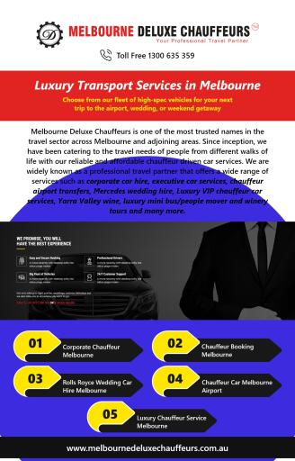 Experience luxury travel with Melbourne Deluxe Chauffeurs. Our chauffeur booking service in Melbourne offers premium vehicles and professional drivers for a stylish and comfortable journey. Elevate your transportation experience with us. For more information visit us at: https://www.melbournedeluxechauffeurs.com.au/