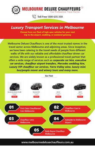Experience luxury travel with Melbourne Deluxe Chauffeurs, your premier choice for chauffeur cars in Melbourne. Impeccable service, elegant vehicles, and professional drivers ensure a seamless journey. Elevate your transportation with us and arrive in style. For more information visit us at: https://www.melbournedeluxechauffeurs.com.au/